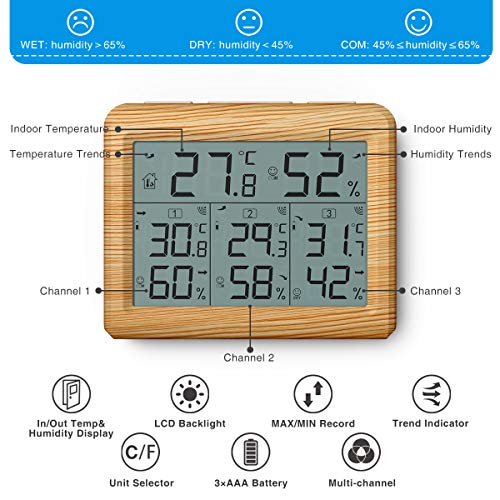 Amir unutrašnji vanjski termometar, najnoviji 3-kanalni digitalni Higrometarski termometar sa 3 senzorom, Monitor vlažnosti Temperature sa LCD ekranom, bežični mjerač vlažnosti za dom, dječja soba