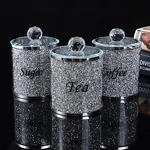Lmaray Set od 3 ručno rađena Kristalna stakla šećer & kafa & čaj Kuhinjski kanisteri setovi sa poklopcima, ispunjeni svjetlucavim kristalnim zdrobljenim dijamantima, držite Kitchen Sparkle, Candy Jars staklene tegle za kućne Dekore