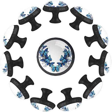 12 komada plavih simetričnih leptira na bijelim staklenim dugmadima za Komode, 1,37 x 1,10 u okruglim kuhinjskim ormarićima za dječiju sobu u vrtiću kućne kancelarije