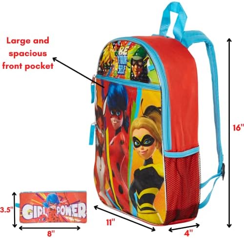 RALME 5 kom. Čudesna Ladybug Girl Power Budi svoj ruksak Set za djevojčice, 16 inča sa čudesnom torbom za ručak & pernica