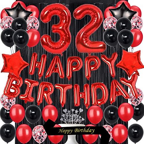 FancyPartyShop 32. rođendanski zabava isporučuje crvene crne kasnije balone Happy Birthday That Topper