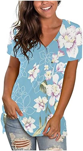 Pamučna bluza za dame ljeto jesen kratki rukav 2023 duboki V izrez grafički Print cvjetna Casual bluza