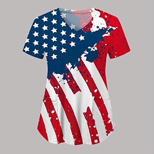 Bluza sa američkom zastavom za žene 4. jula ljetna majica s kratkim rukavom s V izrezom s 2 džepa