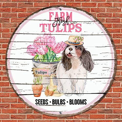 Okrugli metalni znak Pink farme svježi tulipani i psi za kućne ljubimce Sijalice Cvjetovi vintage