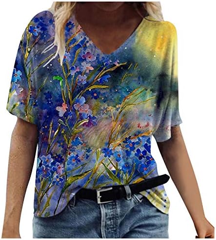 Seksi V izrez za žene cvjetna štampana Casual bluza kratki rukav Plus Veličina puloveri labava majica