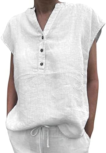 Modna posteljina majica za žene V rector gumb kratki rukav tee vrhovi pune boje labave majice 2023 ljetne bluze
