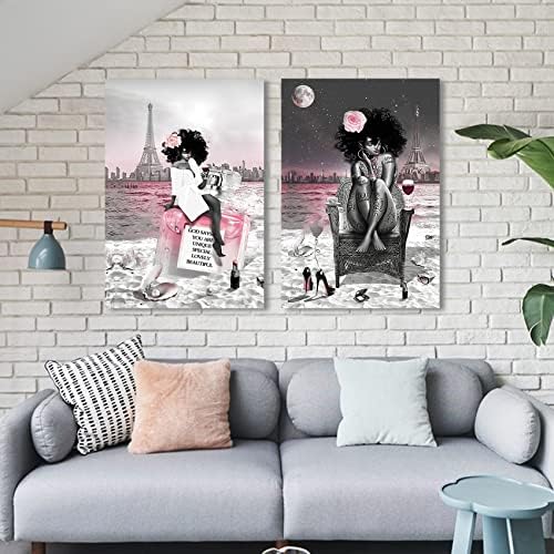 Prije afričke američke crne djevojke Wall Art Modna ružičasta i siva plaža Eiffel Tower Slike platnene slike Posteri Otisci za spavaću sobu kupaonica teen djevojke Dorkir bez okvira 16x24in