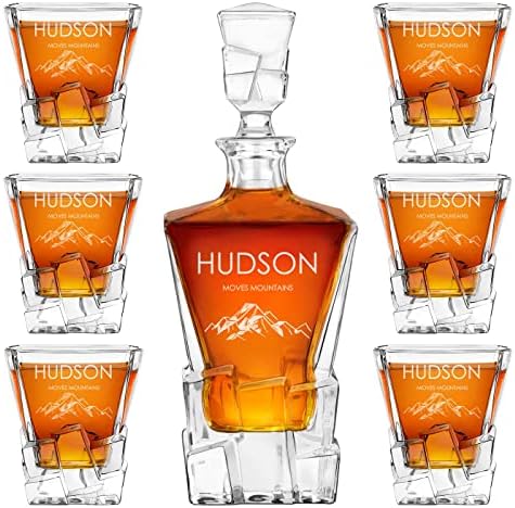 Maverton personalizovani dekanter za viski i 6 čaša za čoveka-elegantan set viskija sa gravurom-model kockica leda-Moderan barware za rođendan - za poznavaoce viskija-planine