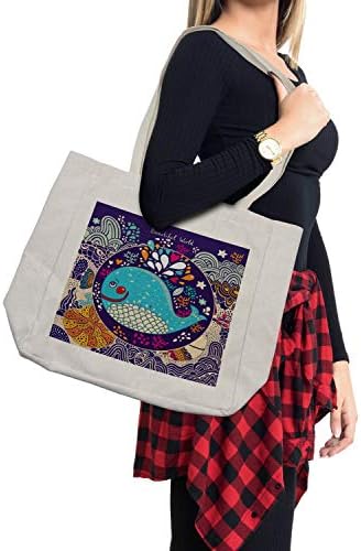Ambesonne morska životinja torba za kupovinu, crtana ilustracija sa nasmijanim kitom u mjehurićima Vodeni