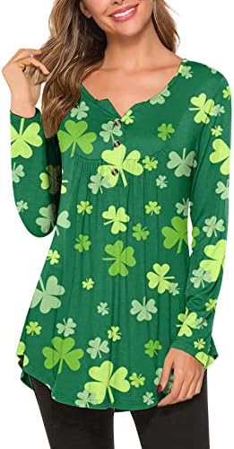 St Patricks Day Shirt Dressy Shamrock Uzorak Plisirani Prednje Dugme Tunika Tops Henley Kratki Rukav
