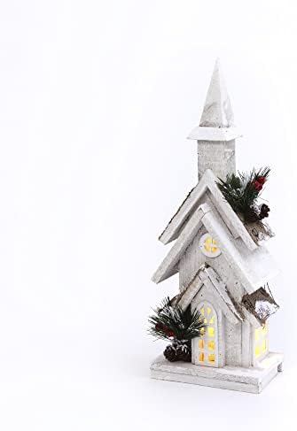 Jedan Holiday Way 15-inčni rustikalni LED osvijetljeni bijeli drveni Božićni crkveni dom sa vještačkim