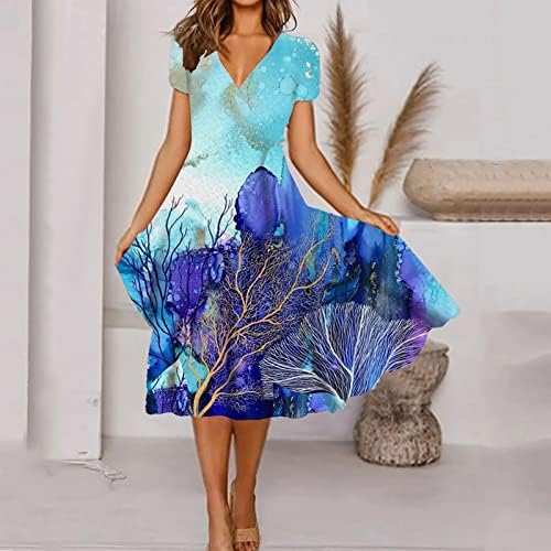 HUANKD Ženska odjeća za proljeće i ljeto moda V-izrez sa kratkim rukavima štampane haljine sa širokim