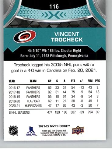 2021-22 Gornja paluba MVP 116 Vincent Trocheck Carolina Hurricanes NHL hokejaška trgovačka kartica