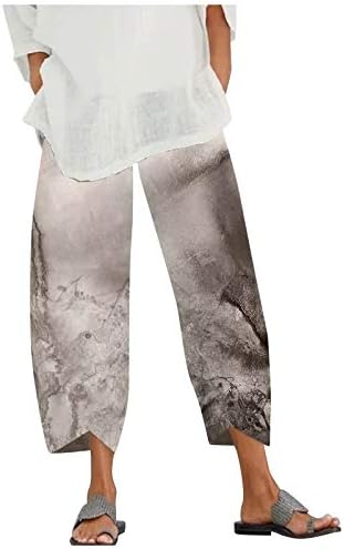MGBD Žene Capri široke pantalone za noge pamučne posteljine retro harem hlača elastična struka povremene tiskane plus pantalone s džepovima