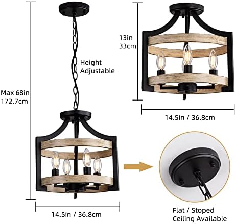 4 Svjetla Seoska lusterka Handelier Semi Flush Mount Stropna svjetlost, crna metal + bijela Brich Finish Svjetlo