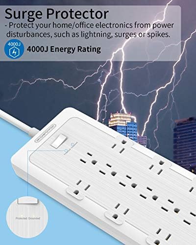 12 utičnica za zaštitu od prenapona sa 2 USB-a, 4000 džula, 1875w/15a, 5ft produžnim kablom za teške uslove rada,