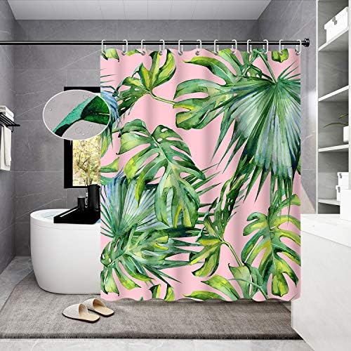 Kuća za zavjese za tuš kabine Housadora, zelena tropska biljka na ružičastoj tuš Curkin Dizajn, vodootporna poliesterska tkanina za zavjese sa 12 kuka 72x72 inča