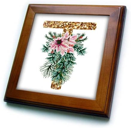 3dRose Pink Poinsettia slika zlata Glitter Božić Monogram. - Uramljene Pločice