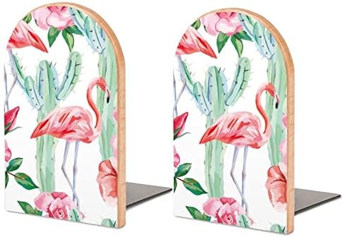 Akvarel Pink Flamingo Cactus Roses Bookends Drvo 1 Par Knjiga Završava Štampane Knjige Stoji Dekorativno
