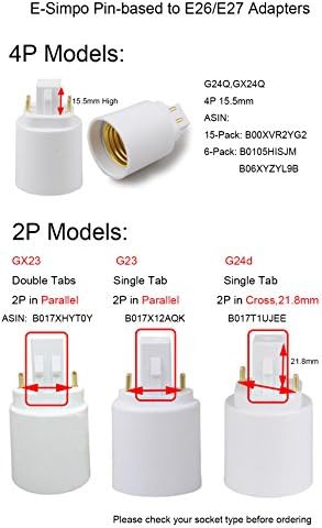 E-Simpo®Gx24q do E26 Lamp Base Converter, Nova generacija! Gx24q-3 adapter, 15.5 mm 4pin, G24q do E26, Gx24q do E26, Konverter držača lampe, potrebno je zaobići unutrašnji balast!