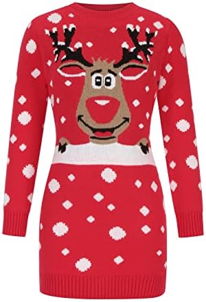 Žene Božić Bodycon Džemper Haljina Dugi Rukav Crewneck Pulover Shirt Top Mini Slatka Sob Grafički Pletene Haljine
