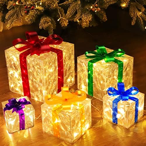 [Extra Large & 5 Pack ] Božić dekoracije upaljene poklon kutije 12-8-6-5-4, 80 LED Adapter Powered Light up Transparent Present Box Božić uređenje doma unutarnji vanjski dvorište Božić Tree Decor