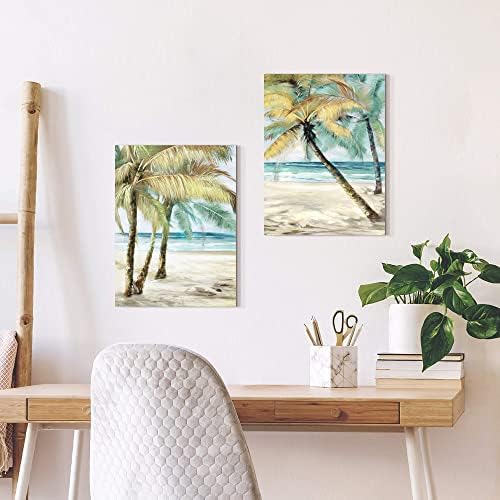 Tropical plaža Bojstvo: Moderna 2 komada Seaside Palm Tree Wall Art Ocean Wave Seascape Slika opuštajuća