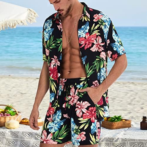 XZHDD muške havajske majice, ljetna tropska cvjetna majica kratkih rukava na plaži Ležerna Aloha 2 komada Set Striped Speried Tops Loose Dukserice Ženska tee