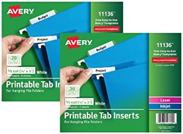 Avery: laserski / Inkjet umetci za kačenje fascikli datoteka, 1/5 Tab, 2 inča, bijeli, 100 / Pakovanje