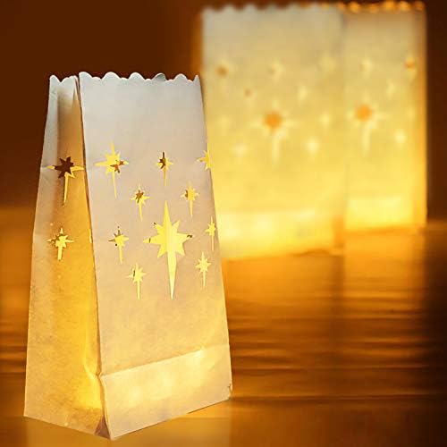 Domaćih 50 kom bijele luminarne torbe, torba za svijeće otporne na plamenu, zvijezde dizajniraju svjetiljke za vjenčanje, zabavu, noći vještica, zahvalnosti, Božić