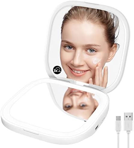 Matekxy kompaktno džepno ogledalo 3,5 inča, 1x / 3X uvećanje LED putno ogledalo za šminkanje sa svjetlom, ručno