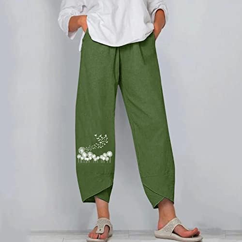Ženske posteljine pantalone casual pantalone maslačak cvijet tisak visokog reza ravno noge Ljetne pantalone