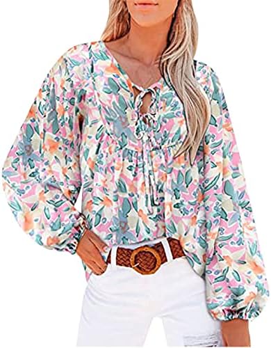 Ženska ležerna košulja s dugim rukavima dame boho tiskane čipke V-izrez labave bluze t majice