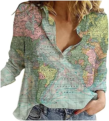 Nyybw ženske majice na vrhu majica s gumbom V rect World Karta Ispis dugih rukava Ležerni