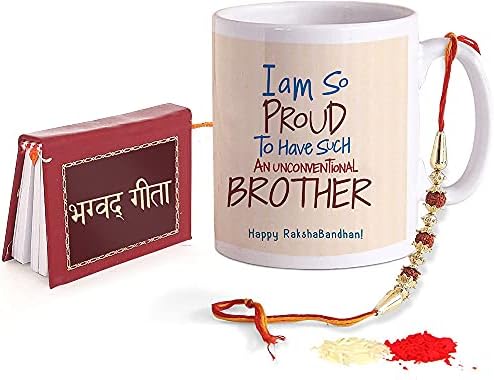 krisha krafts Rakhi poklon za Borther-dizajner Rakhi sa Rakshabandhan Specijalna šolja za kafu, Mini Geeta, Mini Wishes kartica i Roli Chawal 4.2 od 5