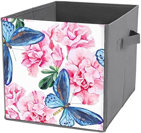Pink Azalea i plavi leptiri PU kožni spremište za skladištenje Canvas Cube Organizator košara s ručkama