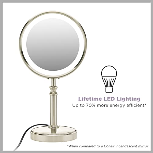 Conair Reflections dvostrano LED osvijetljeno stolno ogledalo za šminkanje, Uvećanje 1x/10x, satenski nikl