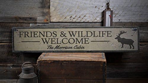 Porodični znak kabine, drveni znak kabine po meri, znak za divlje životinje, znak kabine dobrodošlice, rustikalni dekor kabine, ručno rađeni Vintage drveni znak - 9,25 x 48 inča