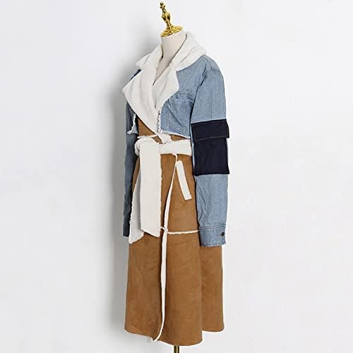 Ženski pad obložen kaputa od runa Trendi traper patchwork kaput sa kaiš dugim rukavima, duljine maxi kaput