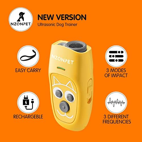 NzonPet uređaj za lajanje, ultrazvučni 3 u 1 pseći uređaji za lajanje pasa, 3 frekvencijskog treninga i kontrola kore 16,4ft punjiva sa LED svjetlom i remen za zglob Žuta