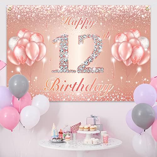 Happy 12th Birthday Banner Backdrop - 12 Birthday Party Dekoracije potrepštine za djevojčice ili dječake-Rose