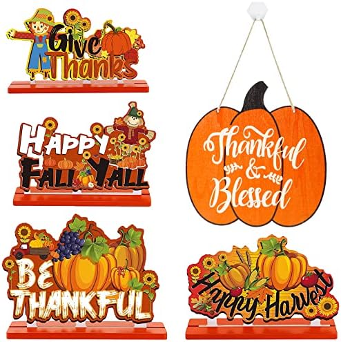 5 Set zahvalnosti Drveni jeseni bundevi znakovi za jesen Dekor Harvert Party Fall Stol Centerpieces