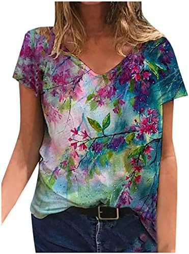 Summer Fall bluza košulja za žene 2023 pamuk kratkih rukava V izrez Cvijet izrez Grafički labavi