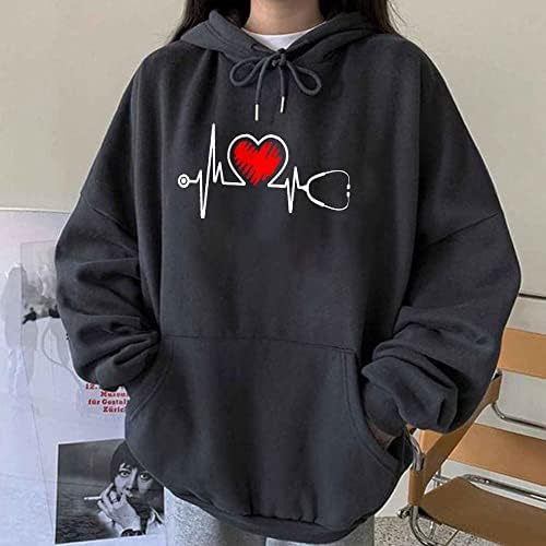 EKG Heart strelica Print Hoodies za žene Vrhunski prevelizirani pad ramena dugih rukava s kapuljačom