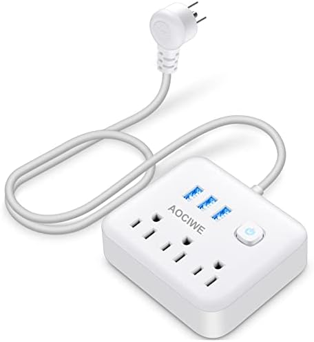 AOCIWE USB kabl za napajanje, Produžni kabl sa ravnim utikačem sa 3 utičnice 3 USB porta, 4ft kabl za napajanje,ul kompaktna traka za napajanje