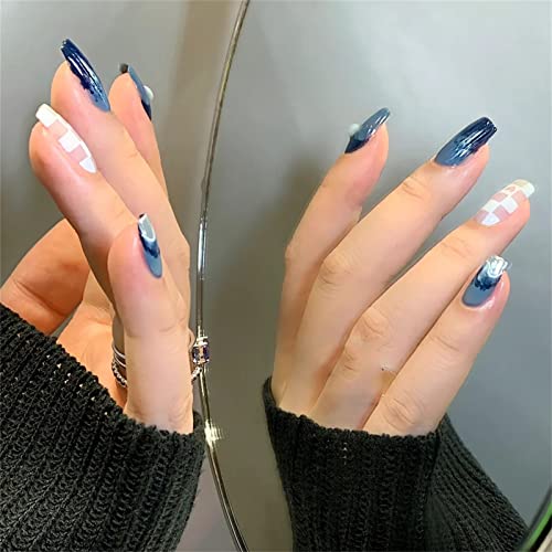 Kvadratni lažni nokti kratki puni poklopac francuski plavi Grafiti presa na noktima 24 komada