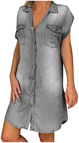 HTHJSCO ženska traper košulja haljine bez rukava dugme za rever dole Jean haljina kratka Mini haljina Casual labav pulover Tunic Top
