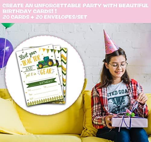 Pozivnice za rođendan sa kovertama, set 20, zeleni traktorski rođendan Pozovite, rođendanski zabava za