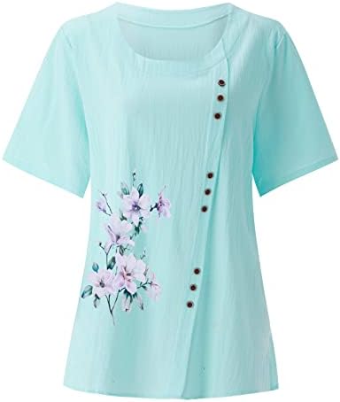 Ženski grafički Tees ženski okrugli vrat dugme pamuk lan Print elegantan kratki rukav T Shirt Top Vježba vrhova