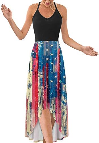 Iqka ženska tenkovska haljina 4. jula američka zastava sa zvijezdama i prugama Print Midi haljina ljetni V izrez bez rukava duga haljina Vestidos